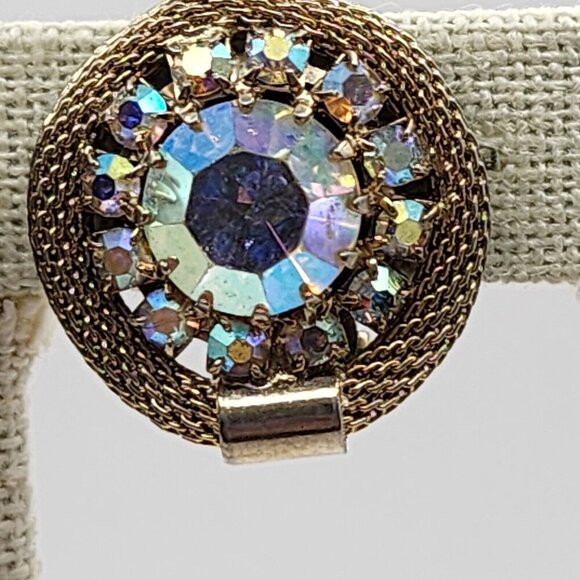 Vintage Weiss Mesh Rhinestone Earrings Aurora Borealis Gold Tone - Picture 2 of 7